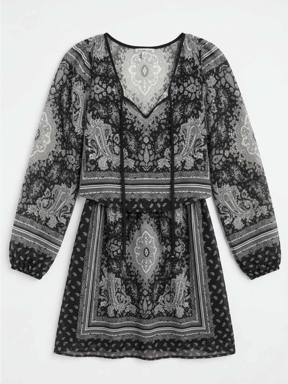 Charlotte Russe Black & Gray Paisley Long-Sleeve Tie-Front Dress Size S